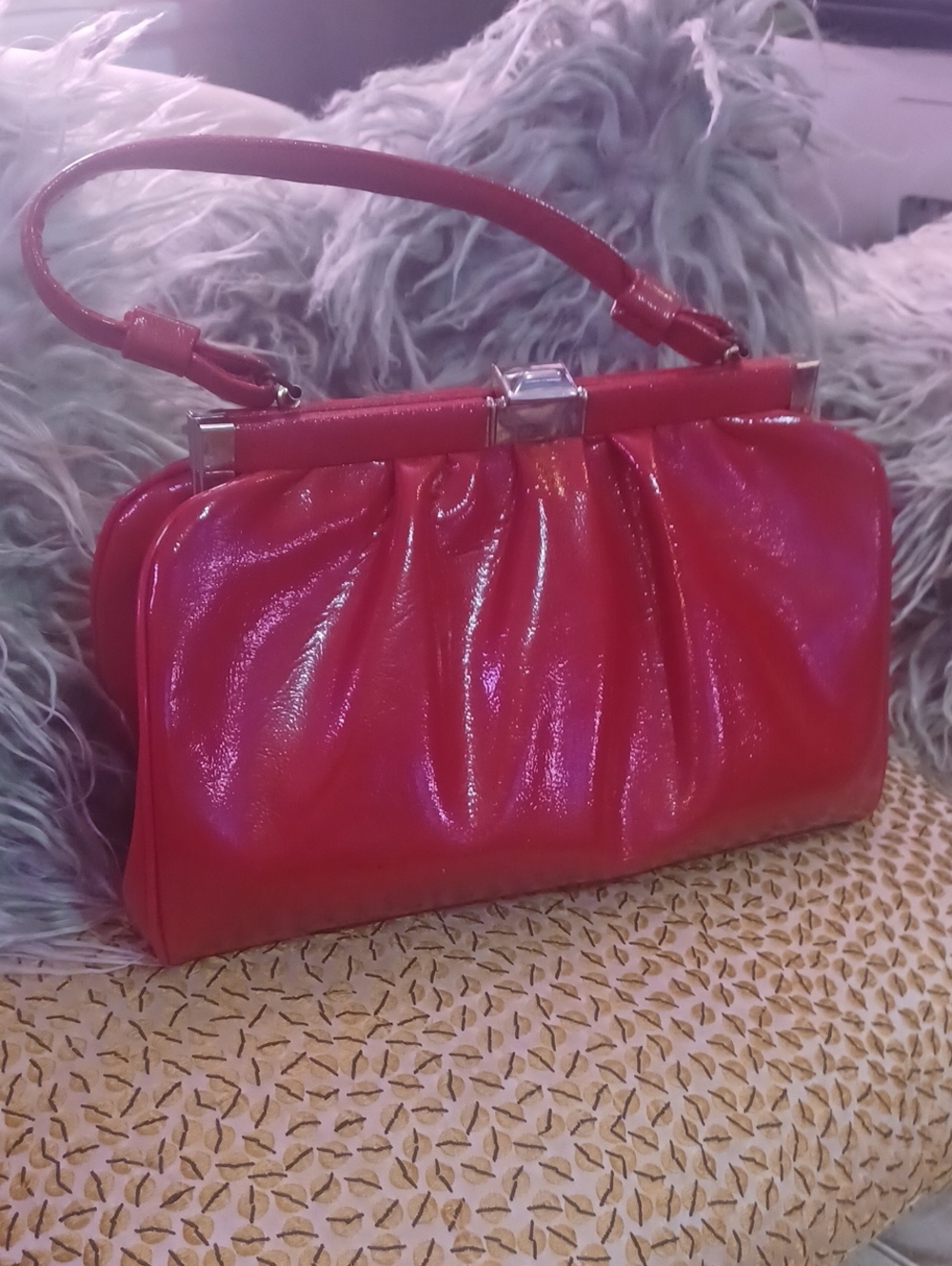 Vintage ATNA USA Tomato Red Patent Leather Handbag Top Carry
